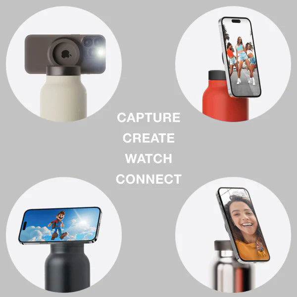 White 24oz Stainless Steel Insulated Water Bottle With 90° Adjustable Vertical/Horizontal Magnetic Phone Holder - Ringo Style Magnetic Lid Sport Flask