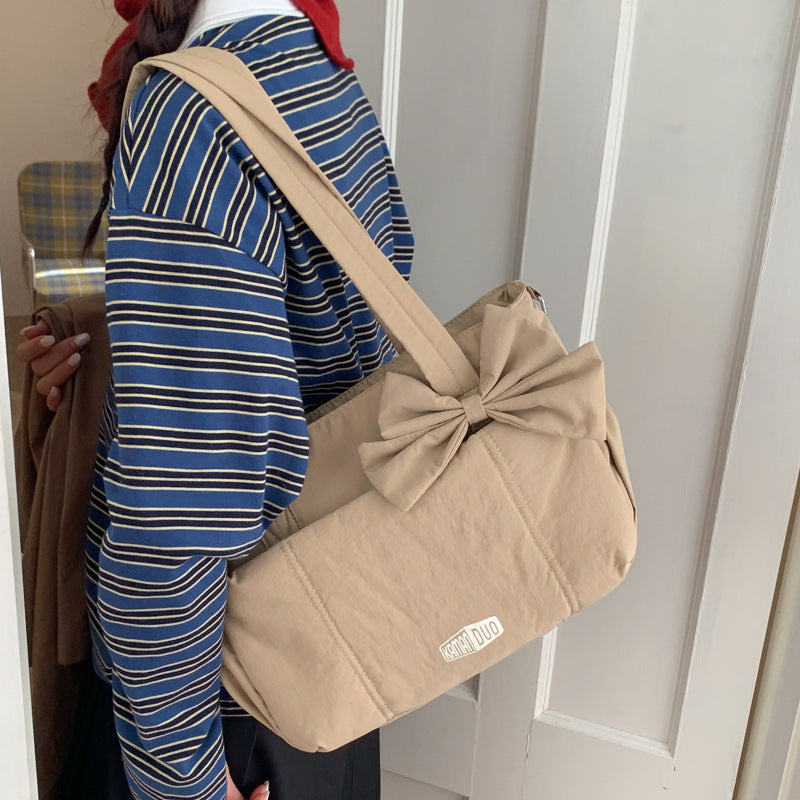 Khaki Puffy Quilted Nylon Hobo & Crossbody Bag with Cute Bowknot - Trendy Large-Capacity Handbag with Multiple Compartments