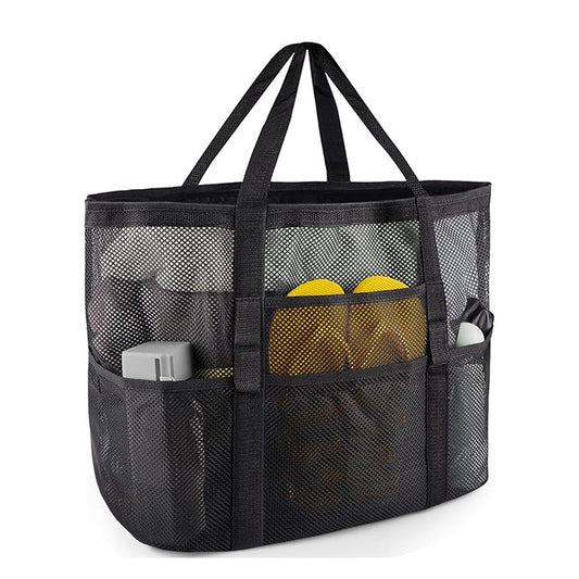 2-PCS Black Mesh Beach Tote Bag – Large Capacity Swim Gear Organizer with Multiple Pockets for Shoes, Swimsuits, and Essentials