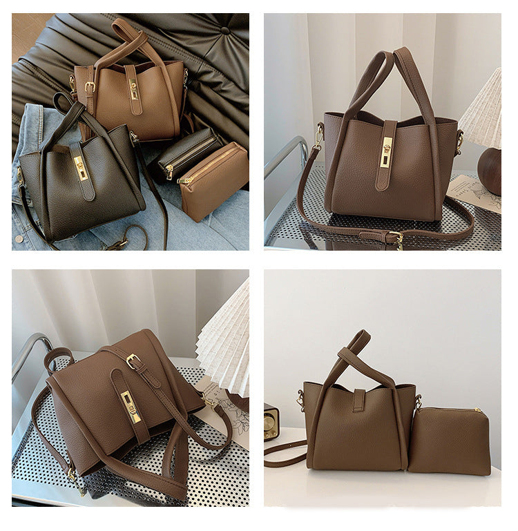 Beige Retro 2-Piece Women's Bucket Bag Set with Removable Inner Pouch PU Leather Crossbody Handbag and Fashionable Tote for Australian Everyday Use