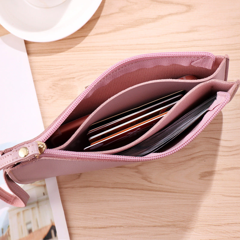 Pinkish purple Women's Soft PU Leather Double-Layer Zip Wallet with Wrist Strap – Spacious Card, Cash and Phone Holder for Students and Everyday Use in Australia