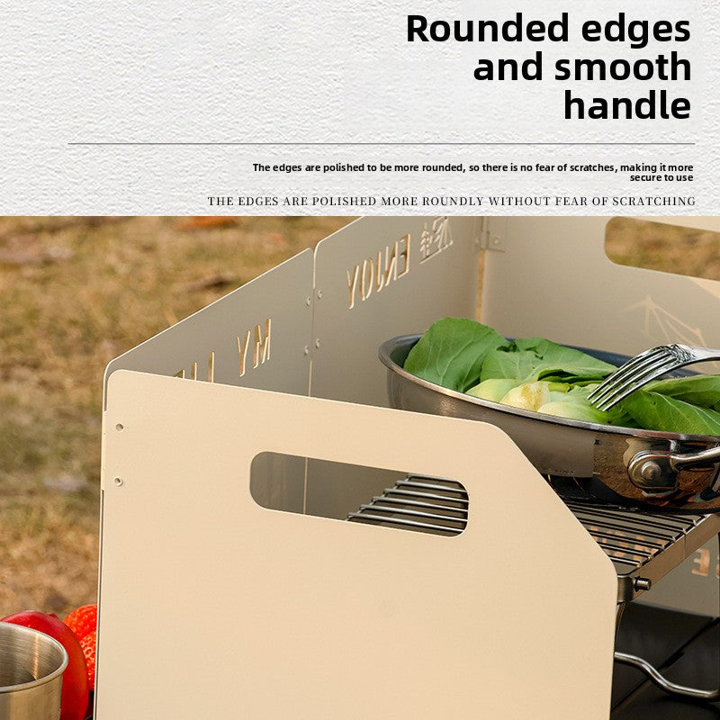 khaki Heavy-Duty 4-Fold Camping Stove Windshield Portable Steel Wind Deflector for Outdoor Cooking and Picnics with Storage Bag