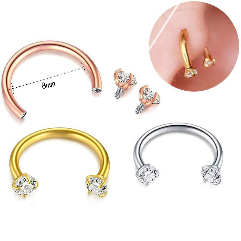 2-PCS golden G23 Titanium Horseshoe Ring with 5A Zircon Internal Thread for Nose Ear Lip Septum Piercing Hypoallergenic Jewelry for Local Trendsetters