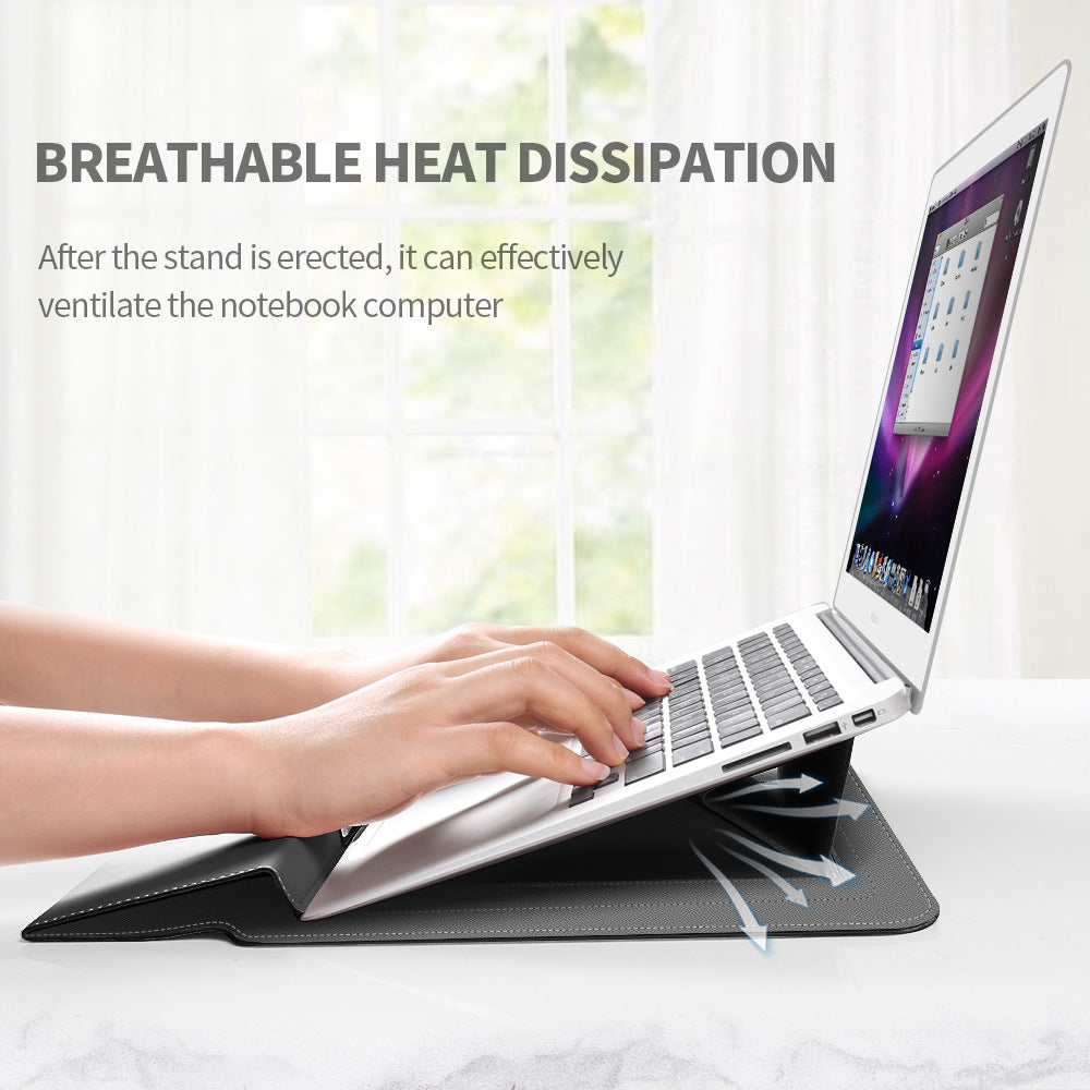 Brown 3-in-1 Laptop Sleeve with Built-In Stand & Wrist Rest – Waterproof PU Protective Case for 13/14 Inch Laptops, Portable and Ergonomic Design