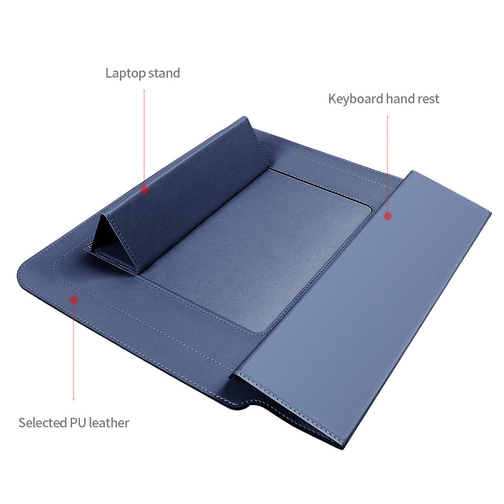 Black 3-in-1 Laptop Sleeve with Built-In Stand & Wrist Rest – Waterproof PU Protective Case for 15/16 Inch Laptops, Portable and Ergonomic Design