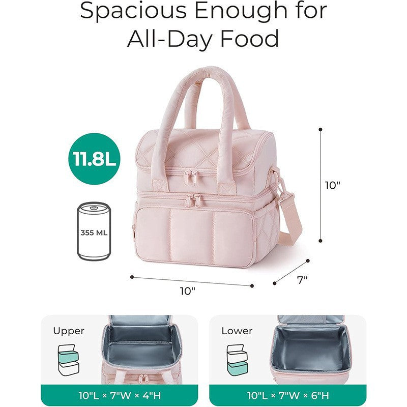 Pink Double-Layer Insulated Lunch Bag – Quilted Design with Top and Bottom Compartments, Shoulder Strap, and Smooth Two-Way Zippers