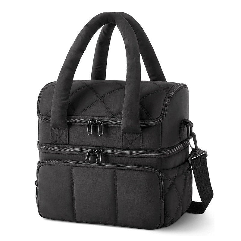 Black Double-Layer Insulated Lunch Bag – Quilted Design with Top and Bottom Compartments, Shoulder Strap, and Smooth Two-Way Zippers