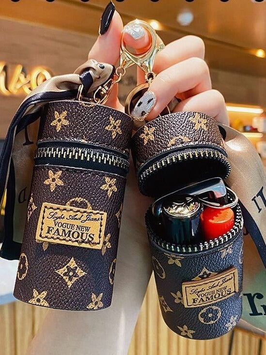 Women's Mini Cylinder Lipstick Case Keychain Pink Geometric Triangle Pattern Coin Purse with Silk Scarf Bag Charm for Earphones Keys
