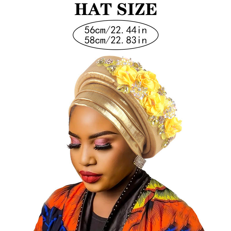 Women's Luxury Burgundy Turban Hat with Beaded Floral Embellishments Pre-Tied African Style Headwrap for Weddings Parties & Special Occasions