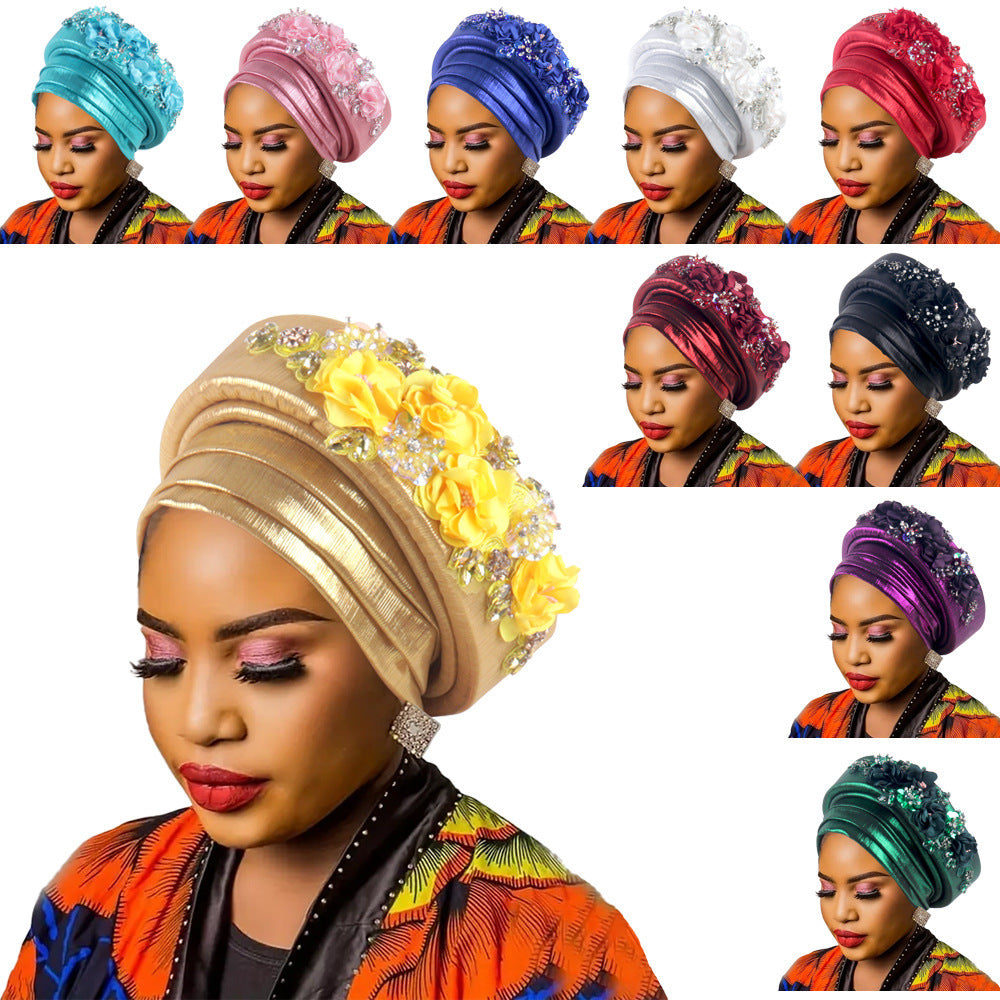 Women's Luxury Gold Turban Hat with Beaded Floral Embellishments Pre-Tied African Style Headwrap for Weddings Parties & Special Occasions