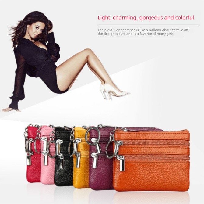 Genuine Leather Coin Purse Mini Wallet with Triple Zipper Pockets Key Ring Holder Pouch for Cash & Cards - Rose Red