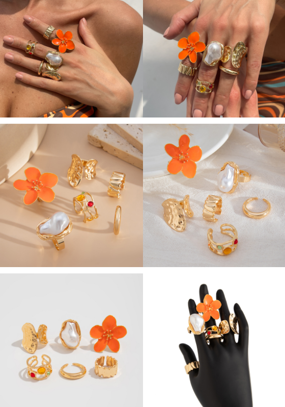 6-Piece Gold Chunky Stackable Ring Set Orange Enamel Flower & Baroque Pearl - Adjustable Open Finger Jewellery for Women (Light Gold)