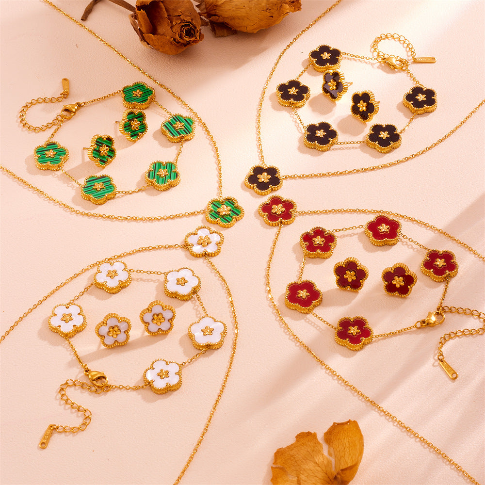 3-Piece Floral Jewellery Set (White Shell Style) - Gold Plated Stainless Steel 5-Petal Flower Necklace, Bracelet & Earrings - Tarnish Free & Hypoallergenic Gift for Women
