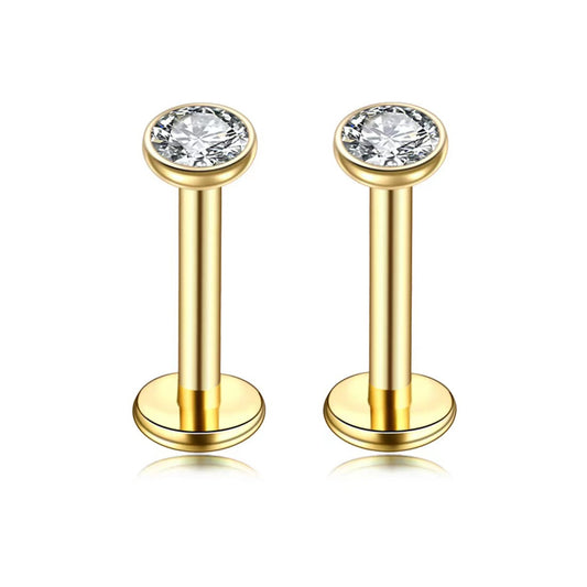 2 PCS Internally Threaded Labret Studs - 16G 8mm Stainless Steel Flat Back with 3mm CZ Crystal - Gold Tone Body Piercing for Lip Tragus Helix