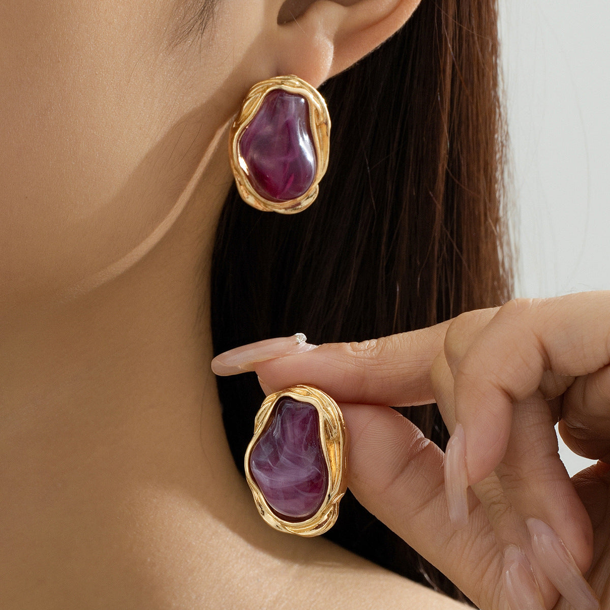 A Pair of Vintage Baroque Statement Earrings - Chunky Gold Tone Irregular Studs with Red Faux Stone - Stainless Steel Pin Fashion Jewellery for Women