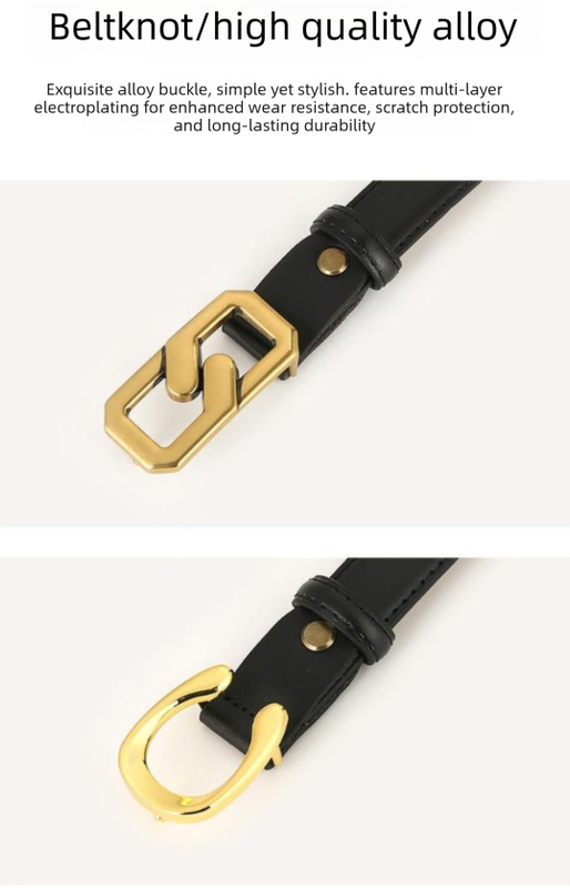 Womens Genuine Leather Belt Black C-Shape Gold Buckle Waist Strap for Jeans & Dresses Classic Fashion Accessory