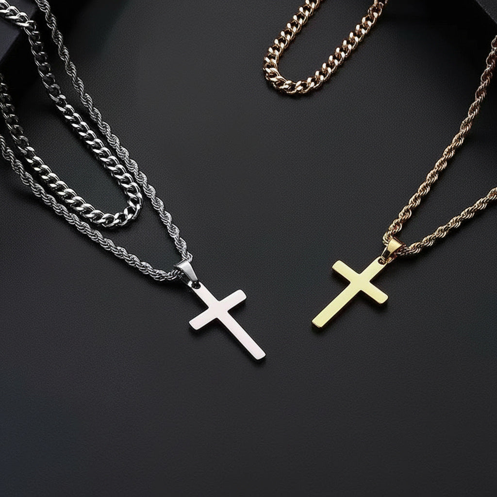 Double Layer Gold Tone Cross Pendant Necklace Set Cuban Link & Rope Chain 40-45cm Layered Fashion Jewellery