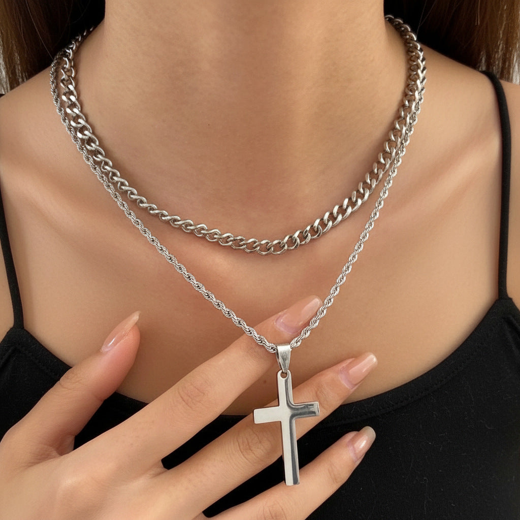 Double Layer Gold Tone Cross Pendant Necklace Set Cuban Link & Rope Chain 40-45cm Layered Fashion Jewellery