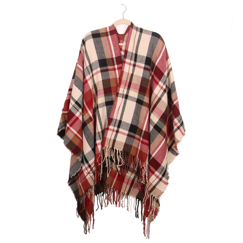 Women's Plaid Open-Front Poncho Cape – Soft Faux Cashmere Scarf Wrap with Tassel Detail (130 x 150cm)- Style A04