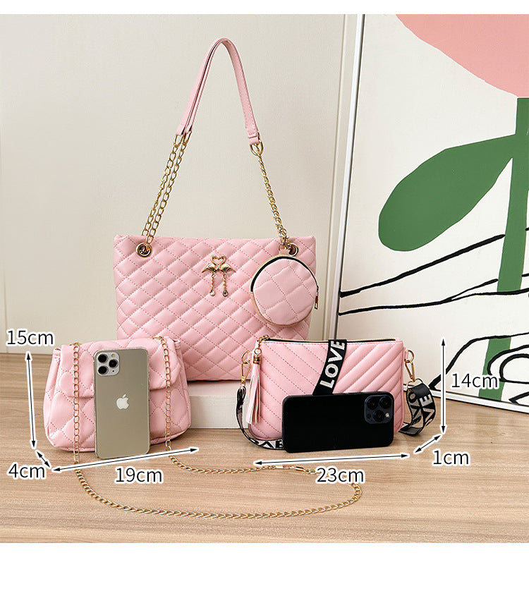 4-PCS Plaid Contrast-Color Handbag Set - Large Capacity PU Leather Shoulder Bag with Secure Zipper & Buckle Closure, Stylish Strap & Charms(Black & Grey)