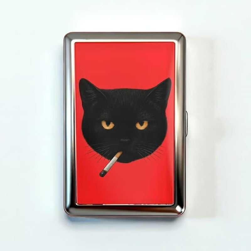Retro Metal Card Cash & Cigarette Case with Fixed Clip - Black Cat Artistic Slim Wallet (10.3X6X2cm)