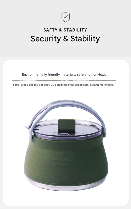 Khaki 1L Portable Collapsible Camping Kettle - Food-Grade Silicone Body with 304 Stainless Steel Base, Compatible with Induction & Gas Stoves