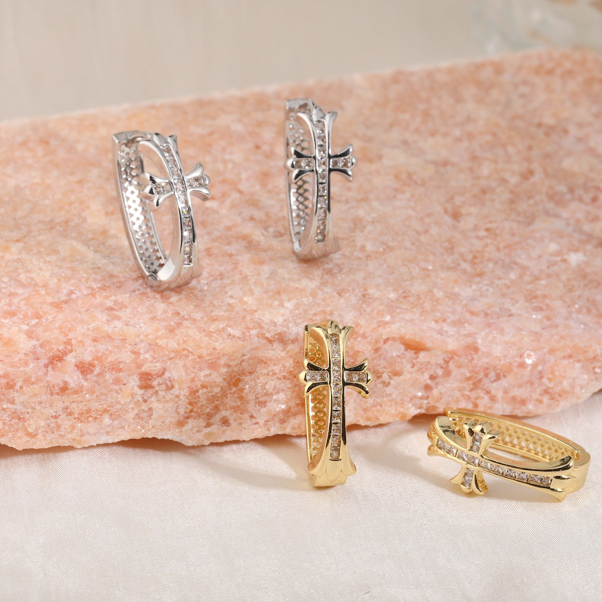 2-Pair Sliver Sparkling Iced Out Rhinestone Cross Hoop Earrings - Punk Elegance Ear Buckle for Women