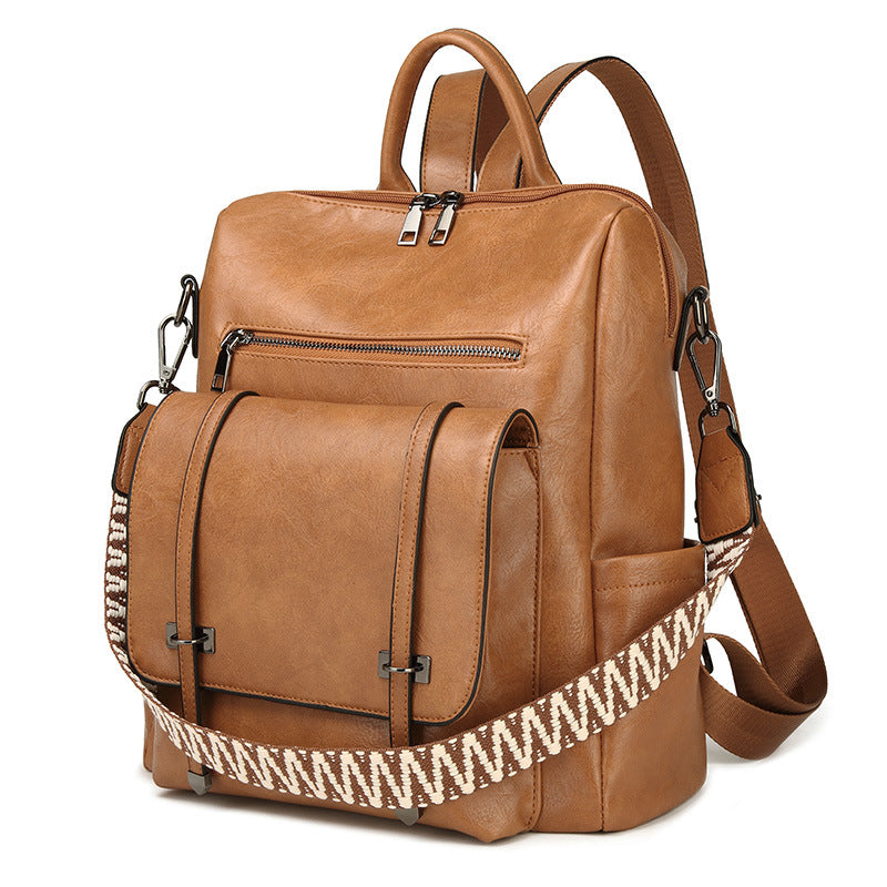 Black Retro Soft PU Leather Backpack for Women - Water-Resistant Large Capacity Travel Rucksack with Dual Detachable Straps