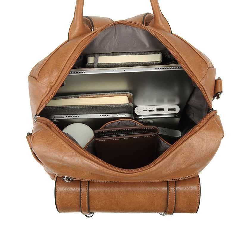 Grey Retro Soft PU Leather Backpack for Women - Water-Resistant Large Capacity Travel Rucksack with Dual Detachable Straps