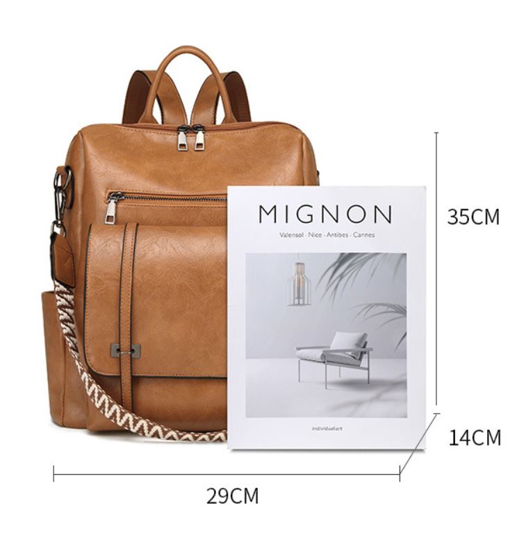 Brown Retro Soft PU Leather Backpack for Women - Water-Resistant Large Capacity Travel Rucksack with Dual Detachable Straps