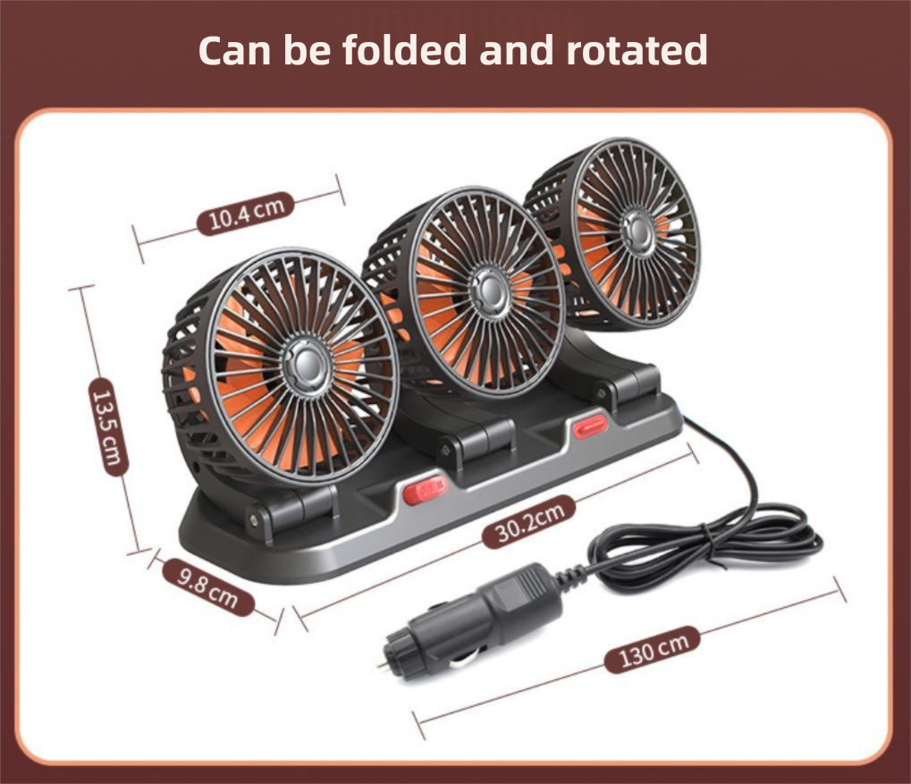 3-in-1 Powerful Car Dual Head Fan (12V Lighter Power) - Quiet Cooling Fan Integrated Aromatherapy & Number Plate, with 360° Rotation & 130cm Long Cord