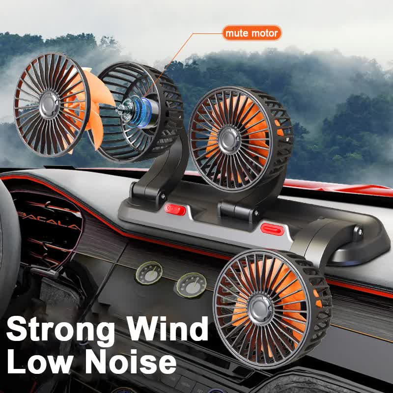 3-in-1 Powerful Car Dual Head Fan (24V Lighter Power) - Quiet Cooling Fan Integrated Aromatherapy & Number Plate, with 360° Rotation & 130cm Long Cord