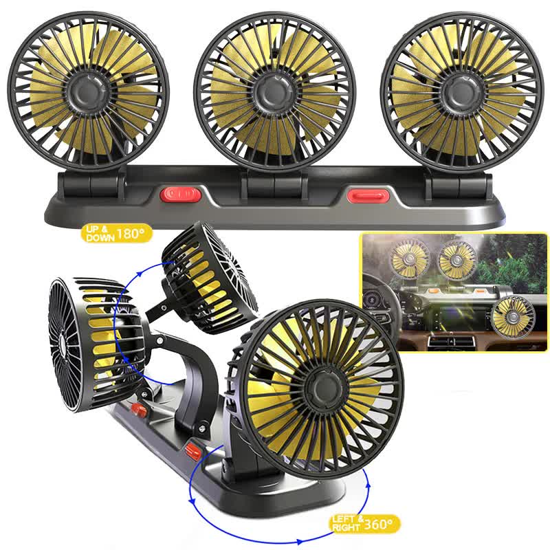 3-in-1 Powerful Car Dual Head Fan (24V Lighter Power) - Quiet Cooling Fan Integrated Aromatherapy & Number Plate, with 360° Rotation & 130cm Long Cord