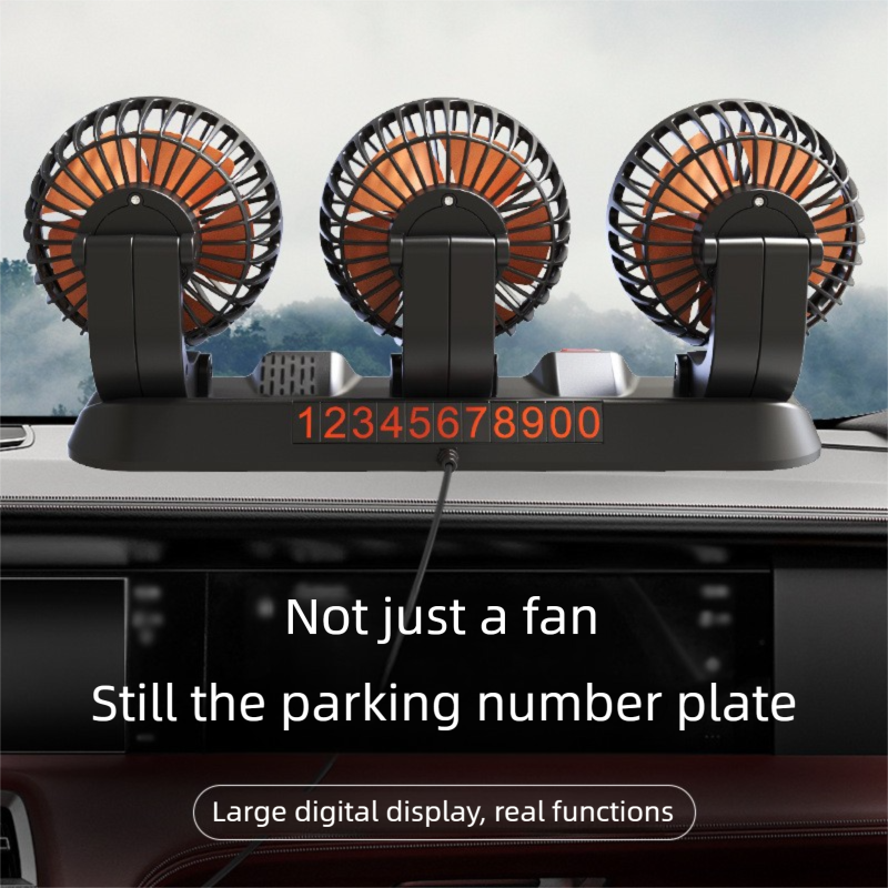 3-in-1 Powerful Car Dual Head Fan (24V Lighter Power) - Quiet Cooling Fan Integrated Aromatherapy & Number Plate, with 360° Rotation & 130cm Long Cord