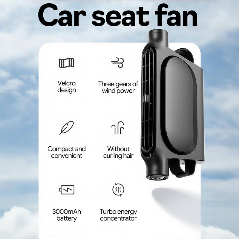 Black Cordless Dual-Turbo Car Seat Cooling Fan with Velcro Mount - Powerful 3-Speed Backrest Ventilation, Adjustable Airflow Angle & Hair-Safe Design