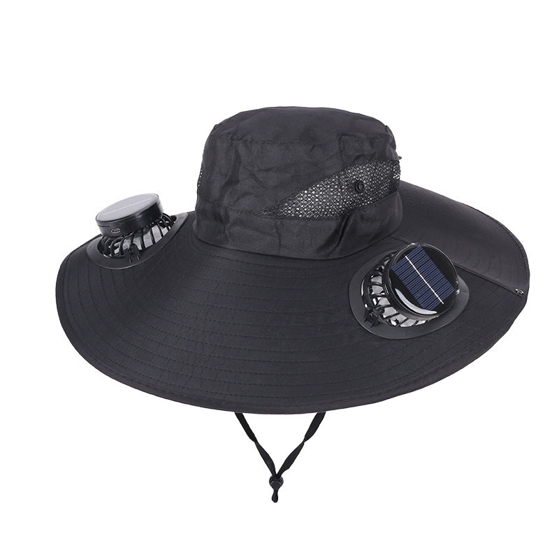 Black Dual Turbo Fan Sun Hat with Round Solar Panel & TypeC Interface - Waterproof 14cm Wide-Brim Cooling Hat for Outdoor Fishing Hiking Camping