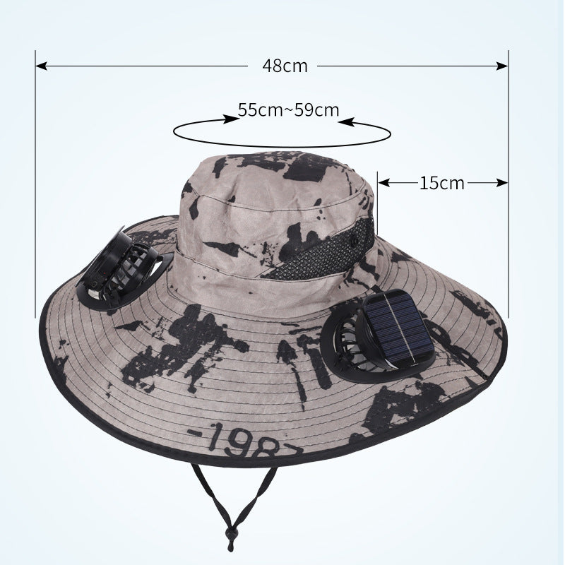 Dark Grey Dual Turbo Fan Sun Hat with Square Solar Panel & TypeC Interface - Waterproof 14cm Wide-Brim Cooling Hat for Outdoor Fishing Hiking Camping
