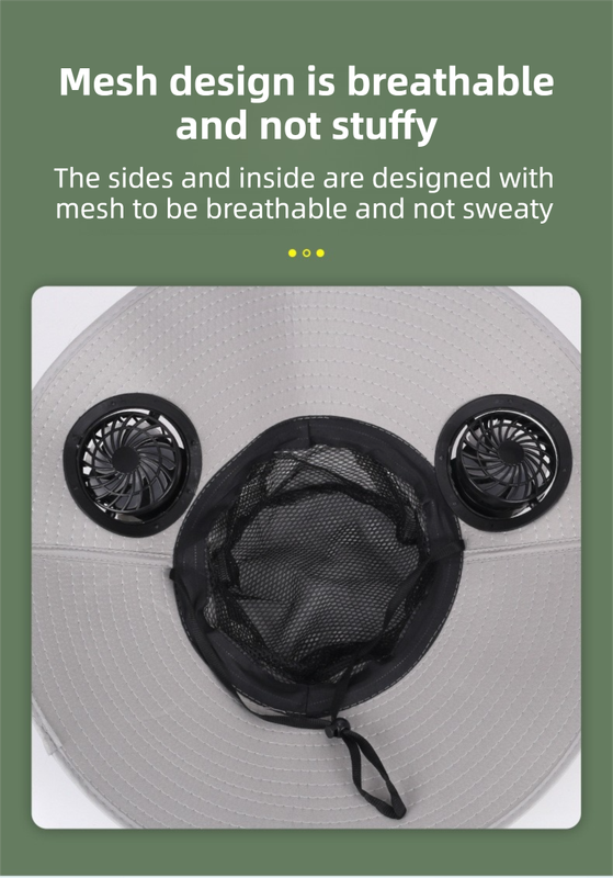 Camouflage Grey Dual Turbo Fan Sun Hat with Round Solar Panel & TypeC Interface - Waterproof 14cm Wide-Brim Cooling Hat for Outdoor Fishing Hiking Camping