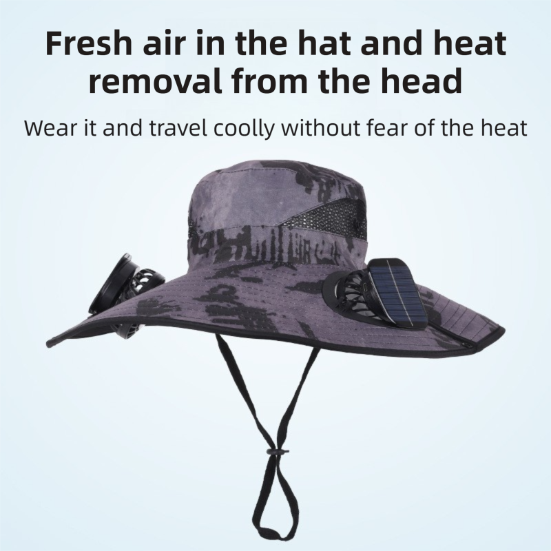 Camouflage Khaki Dual Turbo Fan Sun Hat with Square Solar Panel & TypeC Interface - Waterproof 14cm Wide-Brim Cooling Hat for Outdoor Fishing Hiking Camping