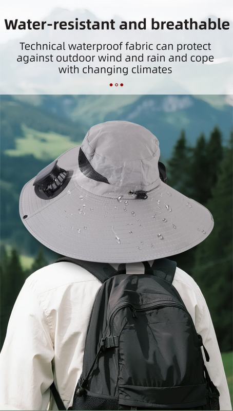 Camouflage Green Dual Turbo Fan Sun Hat with Round Solar Panel & TypeC Interface - Waterproof 14cm Wide-Brim Cooling Hat for Outdoor Fishing Hiking Camping