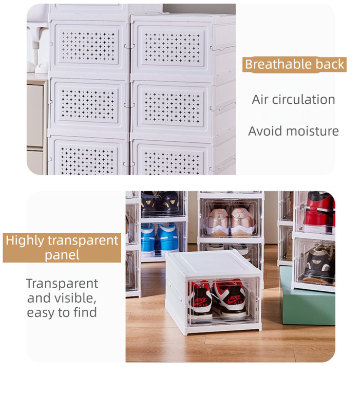 White 6-Layer Foldable Shoe Storage Tower with Transparent Display Panel & Back Ventilation - One-Pull Instant Setup Stackable Box (25.5x34.5x105CM)