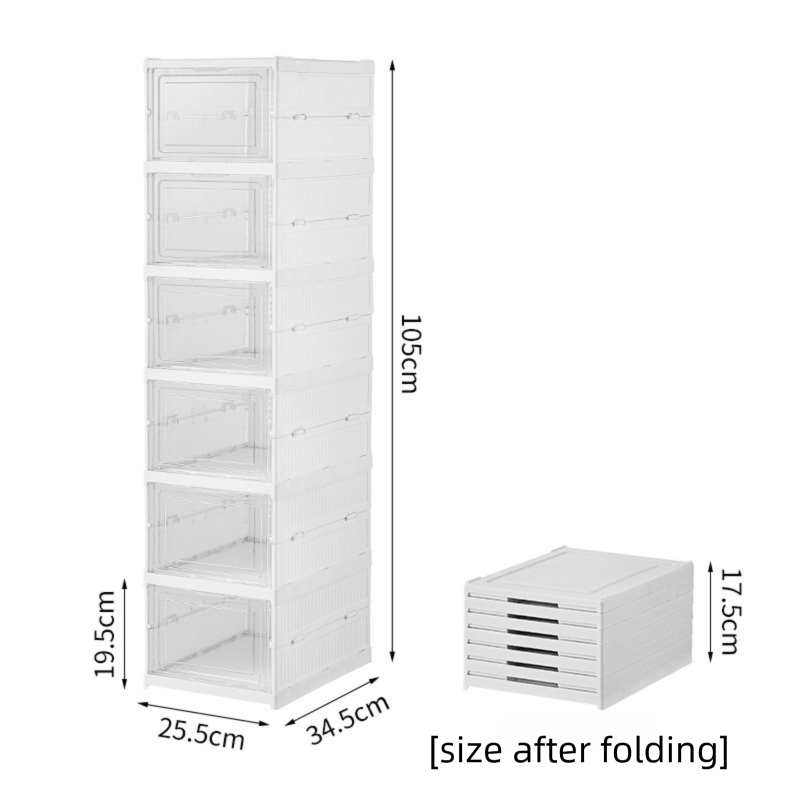 Transparent Grey 6-Layer Foldable Shoe Storage Tower with Transparent Display Panel & Back Ventilation - One-Pull Instant Setup Stackable Box (25.5x34.5x105CM)