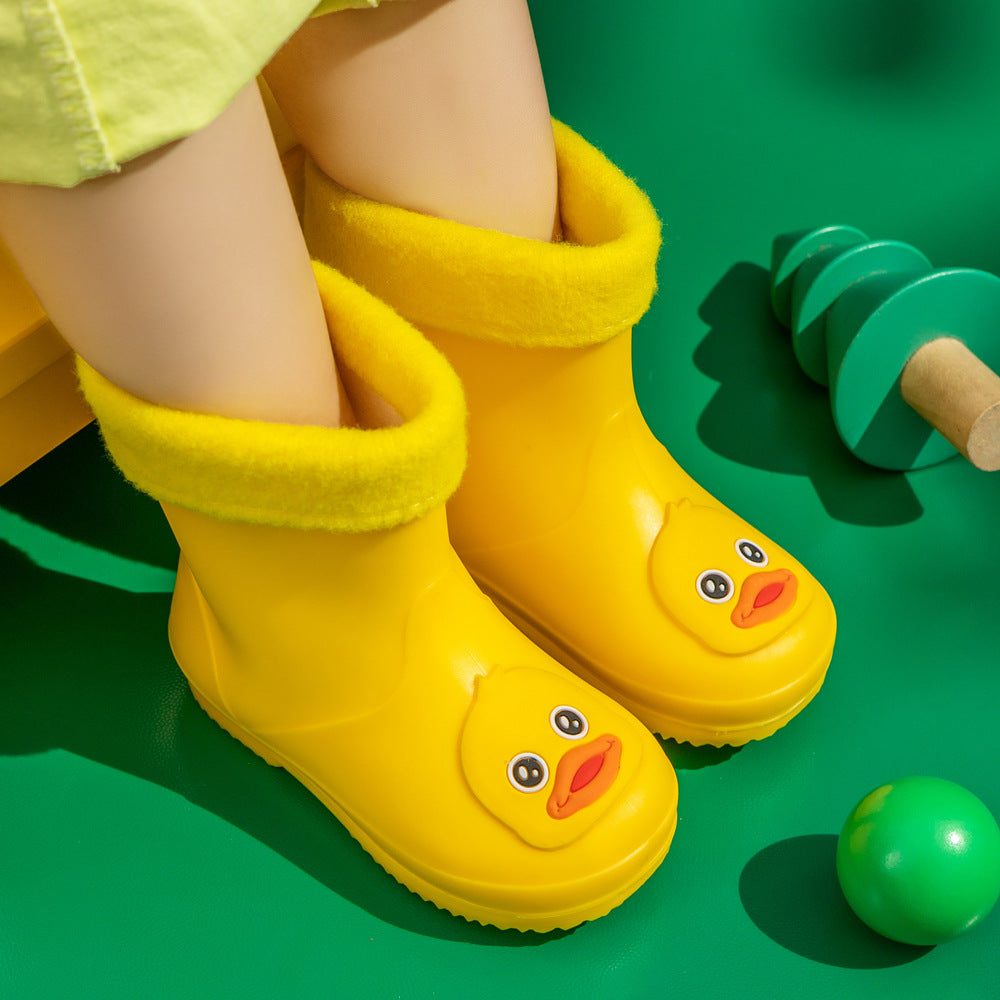 Kids Cartoon Rain Gear Set - Eco-Friendly Odorless Yellow Duck Raincoat & Matching 17cm Duck Rain Boots with Detachable Warm Cotton Liner