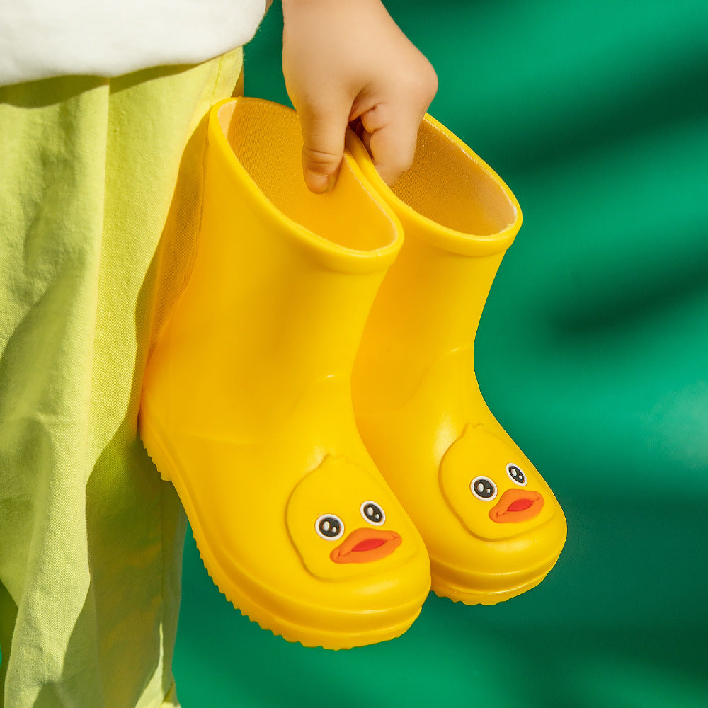 Cute Yellow Duck Kids Rain Boots with Removable Warm Cotton Liner - Waterproof Anti-Slip Toddler Wellies for Foot Length 15CM