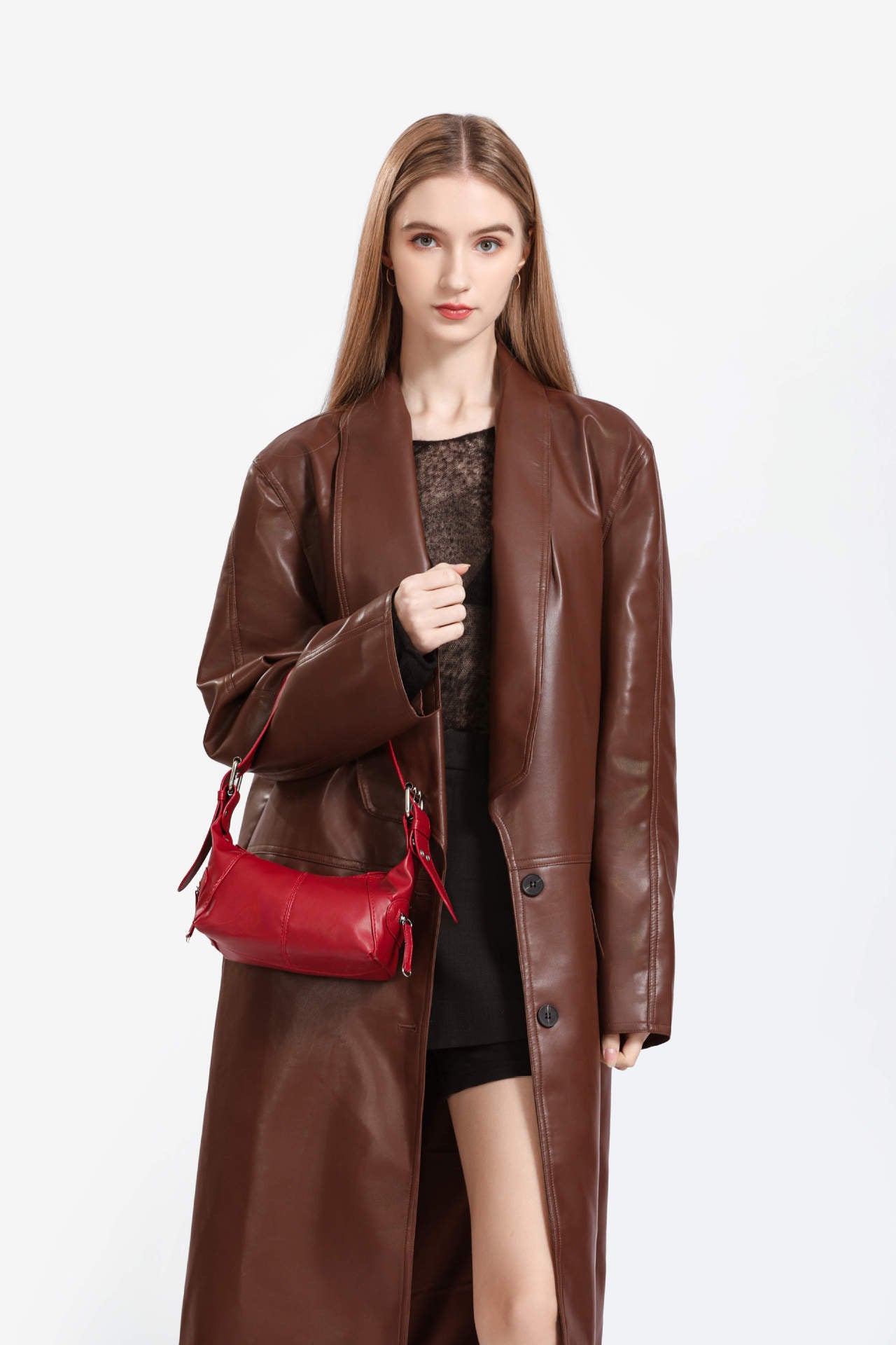 Red PU Leather Zippered Shoulder Bag – Retro European Style Crossbody and Handheld Bag