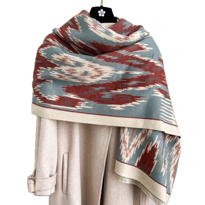 Orange New Style Buttoned Shawl – Double-Sided Winter Scarf with Ethnic Pattern, Faux Cashmere Feel for Travel and Fashion