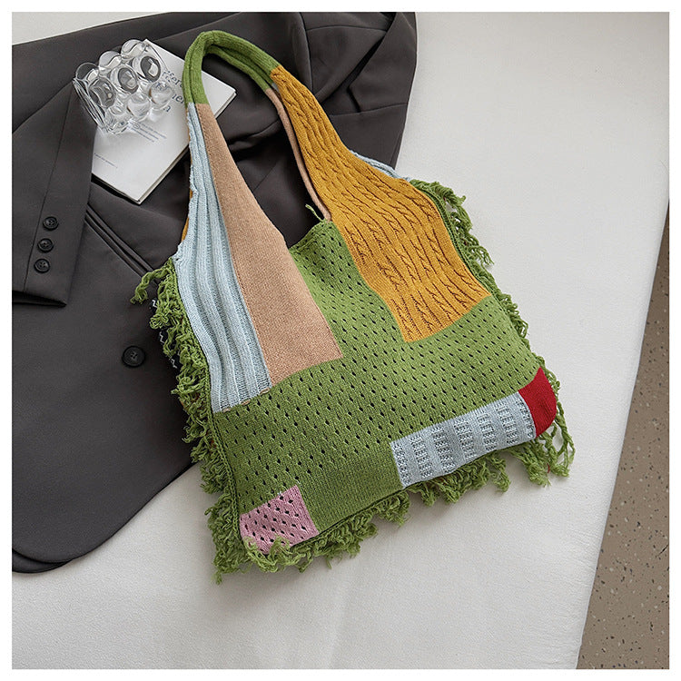 Red handbag strap Knitted Patchwork Tote Bag – Spacious, Fringed, Single-Shoulder Design