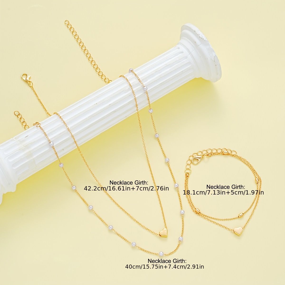 Gold Double-Layer Heart Charm Necklace and Bracelet Set – Women’s Layered Jewelry Set
