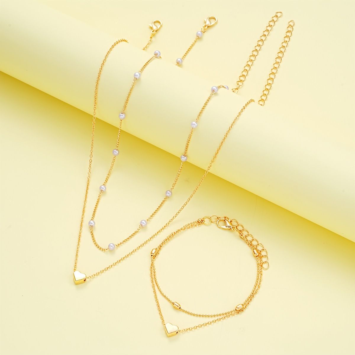 Silver Double-Layer Heart Charm Necklace and Bracelet Set – Women’s Layered Jewelry Set