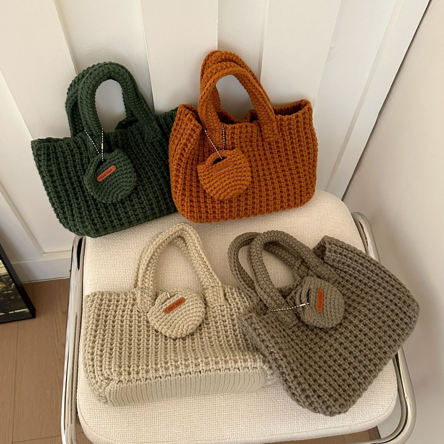 Light Green Handcrafted Crochet Tote Bag – Vintage-Style Woven Cotton-Yarn Look Bag